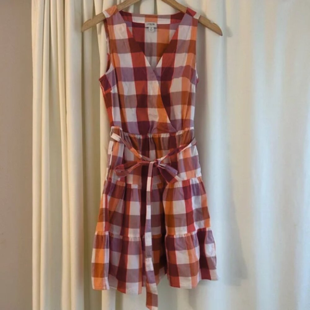 J.Crew dress gingham plaid tiered faux-wrap dress features a v-neck, sleeveless